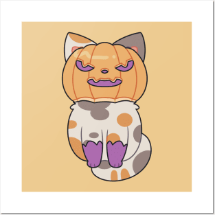 Cute Halloween Cat Wearing a Pumpkin Mask Posters and Art